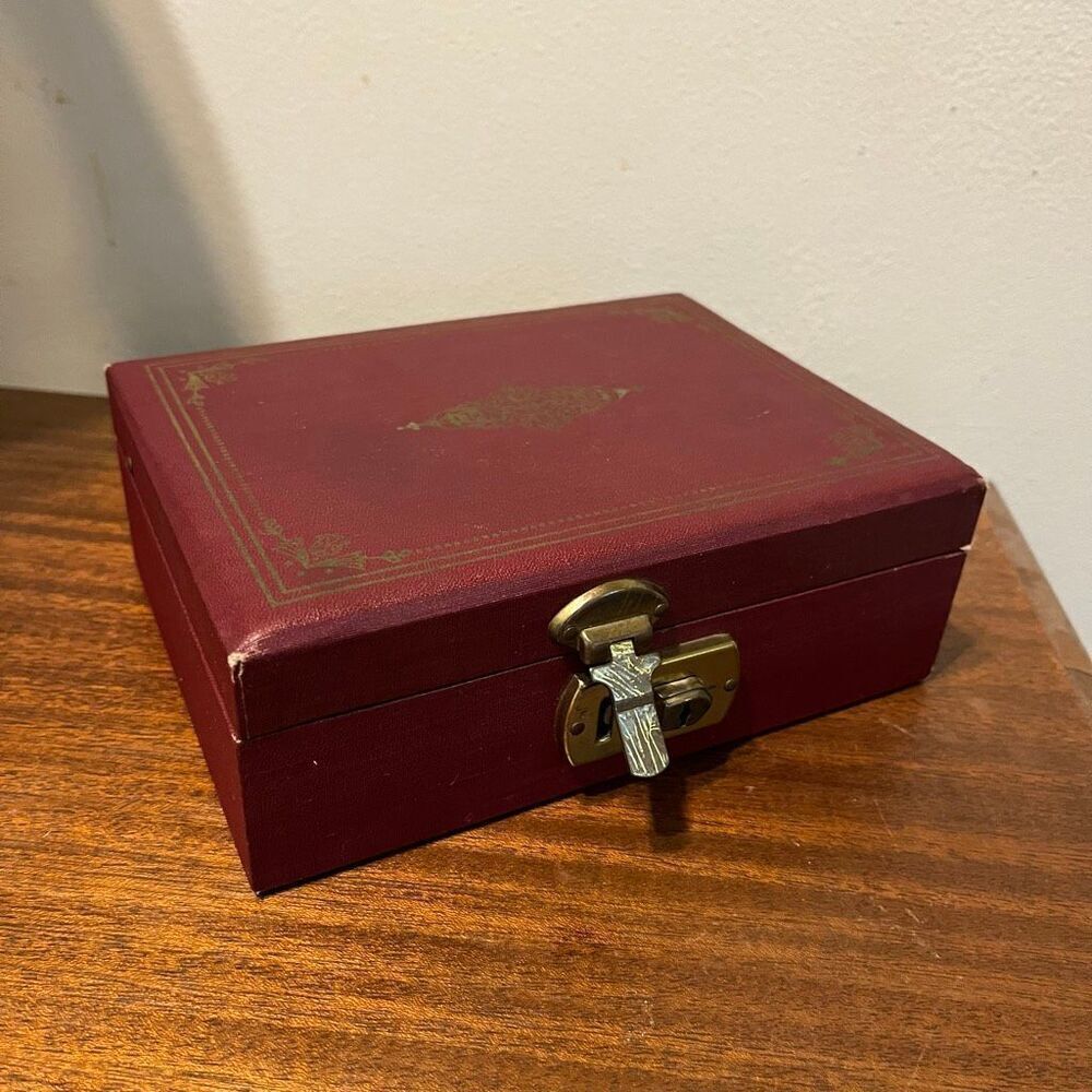 Vintage 50s Leatherette Jewelry Box Burgundy, Satin Lined, Mirror Two-Tiers